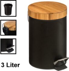 Decopatent® Pedaalemmer 3 liter - Bamboe Houten Deksel - Pedaalemmer 3L - Prullenbak - Keuken toilet - Cm - Mat Zwart | Bamboebaas.nl